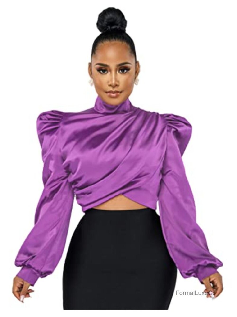 Women Satin Silky Long Puff Sleeve Mock Neck Ruched Front Blouse Office Top